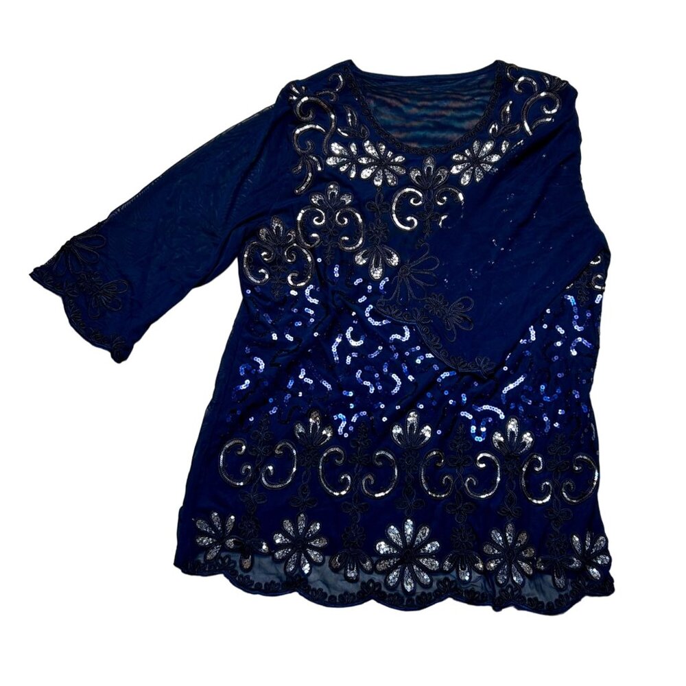 Elegant Black Sequin Cocktail Top Mesh Back  3/4 Sleeves